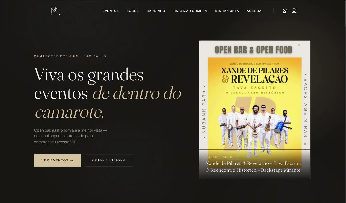 Página inicial do site STM Prime, com a chamada "Viva os grandes eventos de dentro do camarote" e o botão de compra de acesso VIP